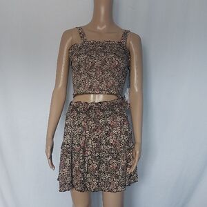 Black and Tan Skater Mini Skirt‎ with Smocked Womens Two-Piece Set Size M